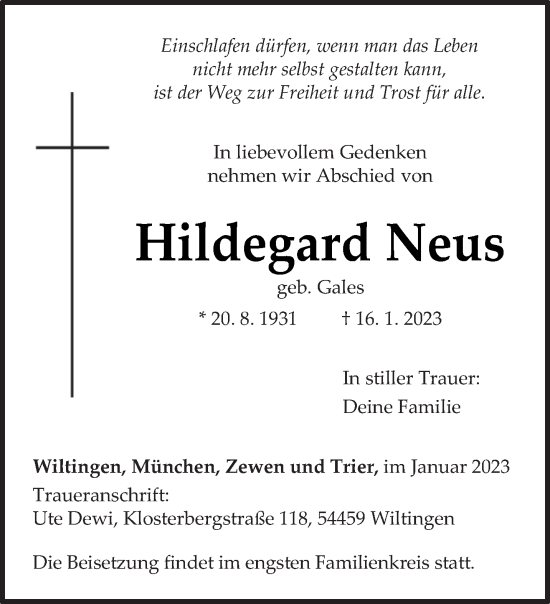 Traueranzeigen Von Hildegard Neus Volksfreund Trauer De