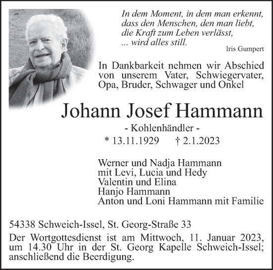 Traueranzeigen Von Johann Josef Hammann Volksfreund Trauer De