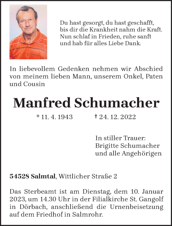 Traueranzeigen Von Manfred Schumacher Volksfreund Trauer De