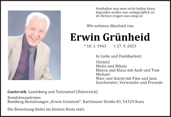 Traueranzeigen von Erwin Grünheid Volksfreund Trauer de