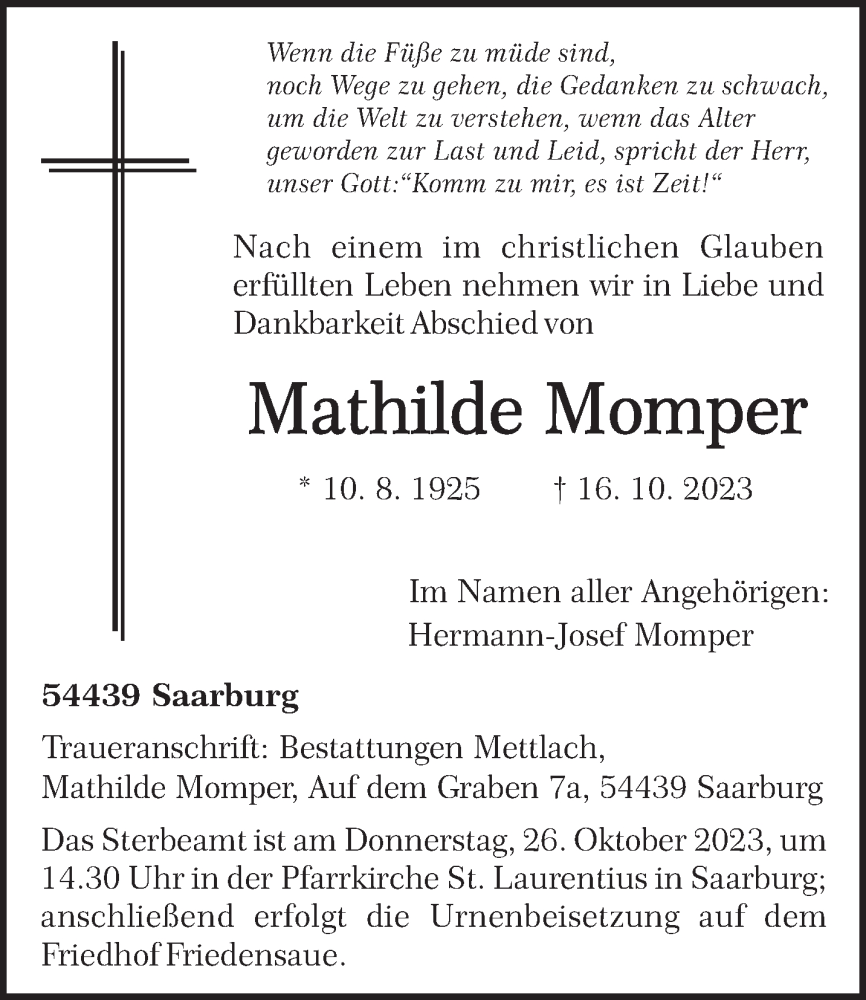 Traueranzeigen Von Mathilde Momper Volksfreund Trauer De