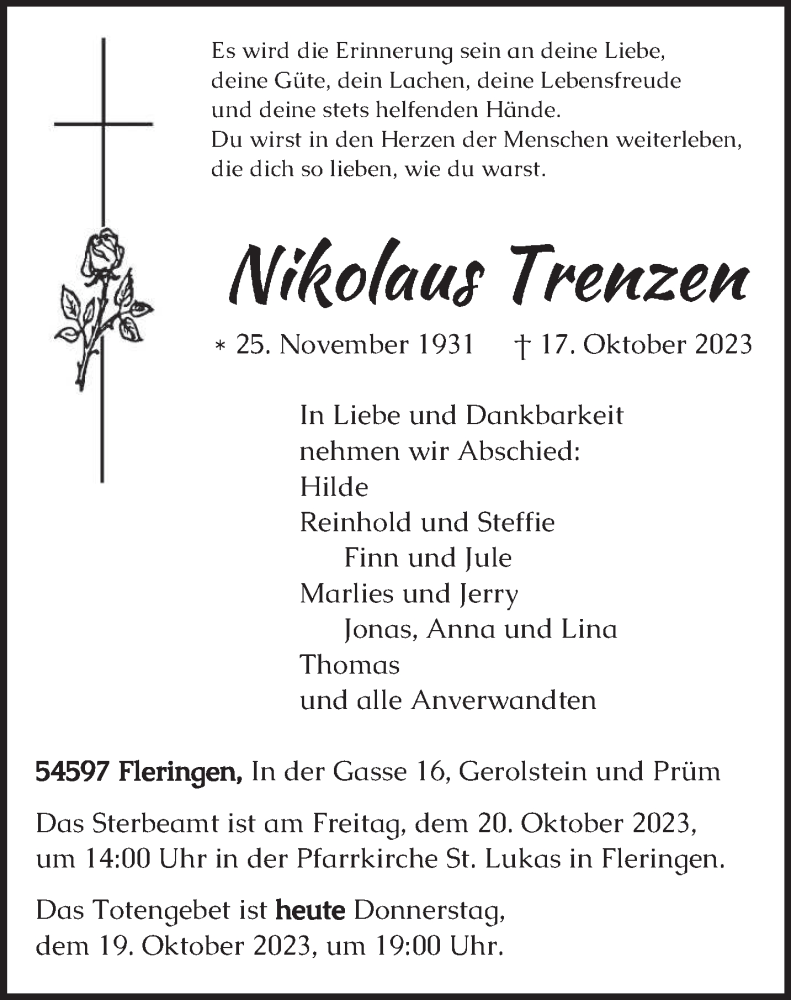 Traueranzeigen Von Nikolaus Trenzen Volksfreund Trauer De