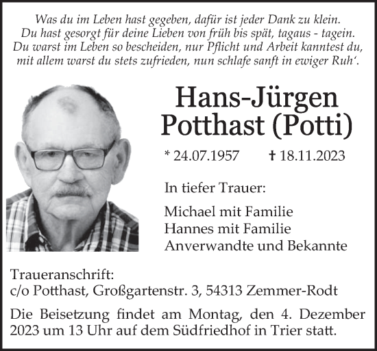 Traueranzeigen Von Hans J Rgen Potthast Volksfreund Trauer De