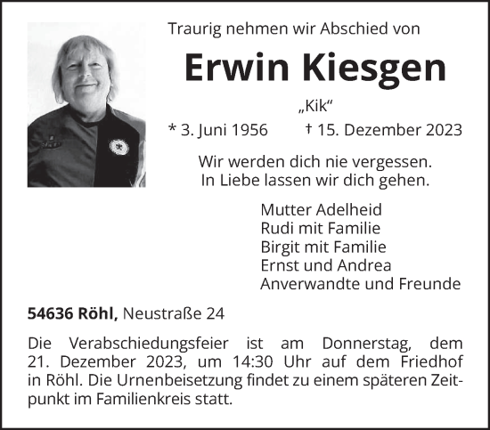 Traueranzeigen Von Erwin Kiesgen Volksfreund Trauer De