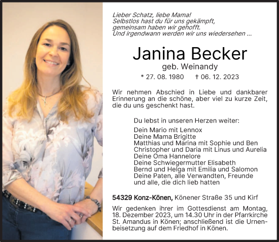 Traueranzeigen Von Janina Becker Volksfreund Trauer De