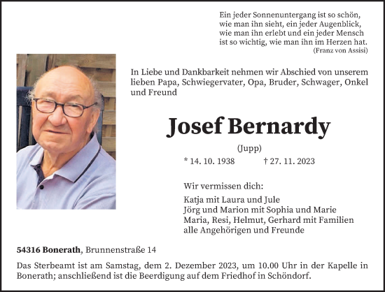 Traueranzeigen Von Josef Bernardy Volksfreund Trauer De