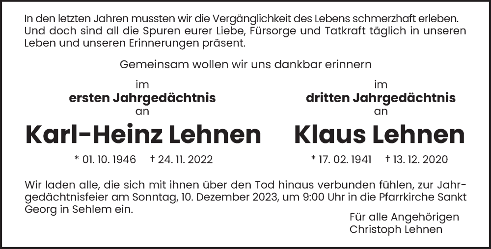 Traueranzeigen Von Karl Heinz Und Klaus Lehnen Volksfreund Trauer De