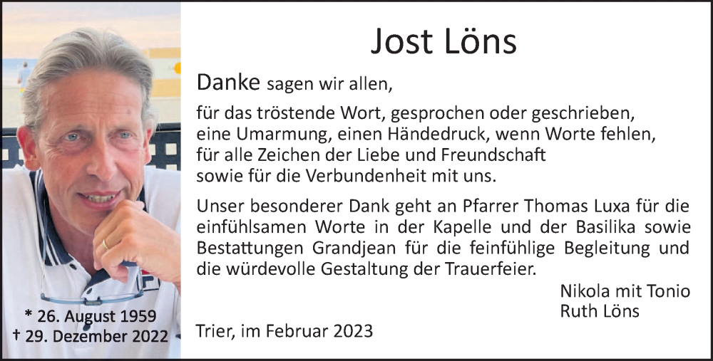 Traueranzeigen von Jost Löns Volksfreund Trauer de