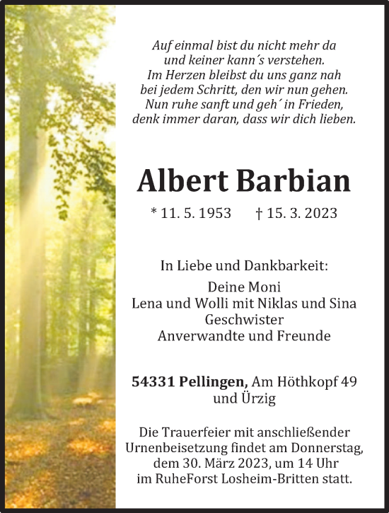 Traueranzeigen Von Albert Barbian Volksfreund Trauer De