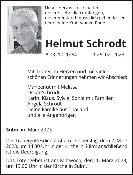 Traueranzeigen Von Helmut Schrodt Volksfreund Trauer De