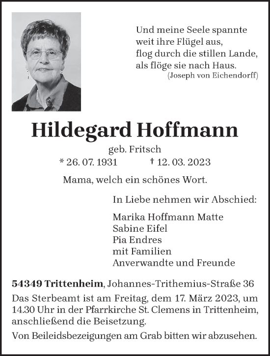 Traueranzeigen Von Hildegard Hoffmann Volksfreund Trauer De