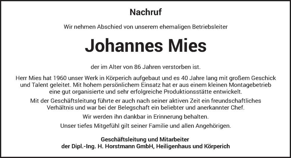 Traueranzeigen Von Johannes Mies Volksfreund Trauer De