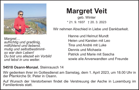 Traueranzeigen Von Margret Veit Volksfreund Trauer De