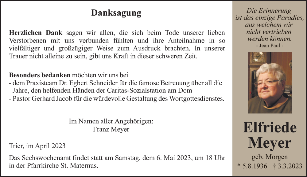 Traueranzeigen Von Elfriede Meyer Volksfreund Trauer De