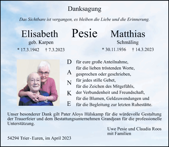 Traueranzeige von Elisabeth und Matthias Pesie von trierischer_volksfreund