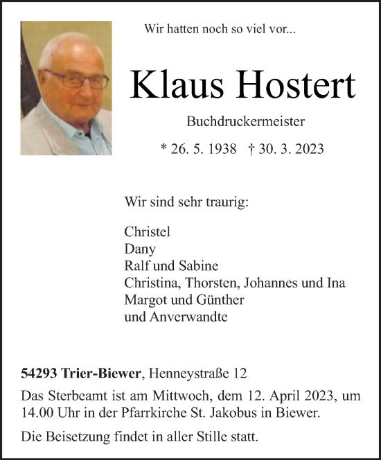 Traueranzeigen Von Klaus Hostert Volksfreund Trauer De