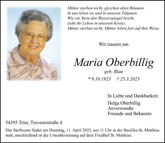 Traueranzeigen Von Maria Oberbillig Volksfreund Trauer De