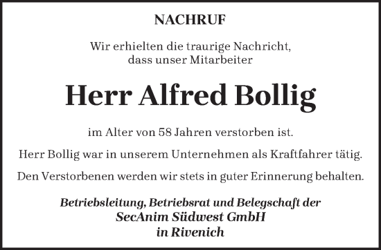 Traueranzeigen Von Alfred Bollig Volksfreund Trauer De