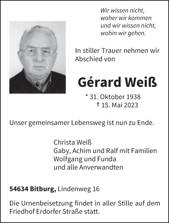 Traueranzeigen Von Gerard Wei Volksfreund Trauer De