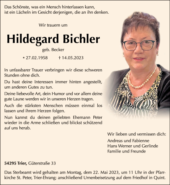 Traueranzeigen Von Hildegard Bichler Volksfreund Trauer De