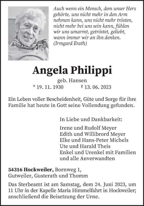 Traueranzeigen Von Angela Philippi Volksfreund Trauer De