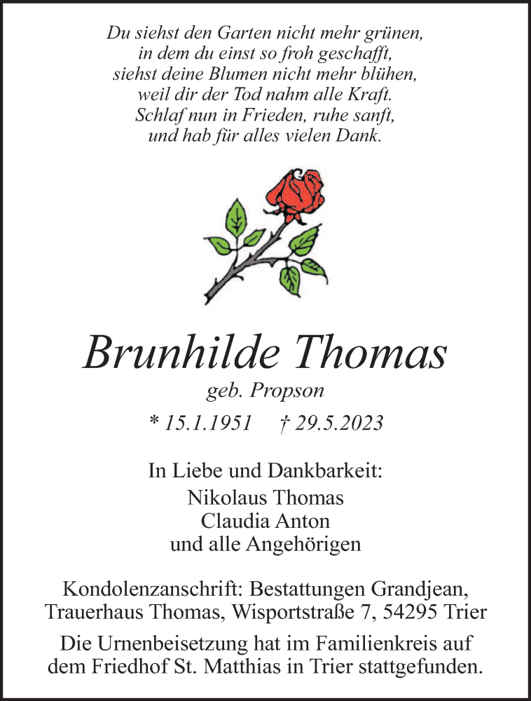 Traueranzeigen Von Brunhilde Thomas Volksfreund Trauer De