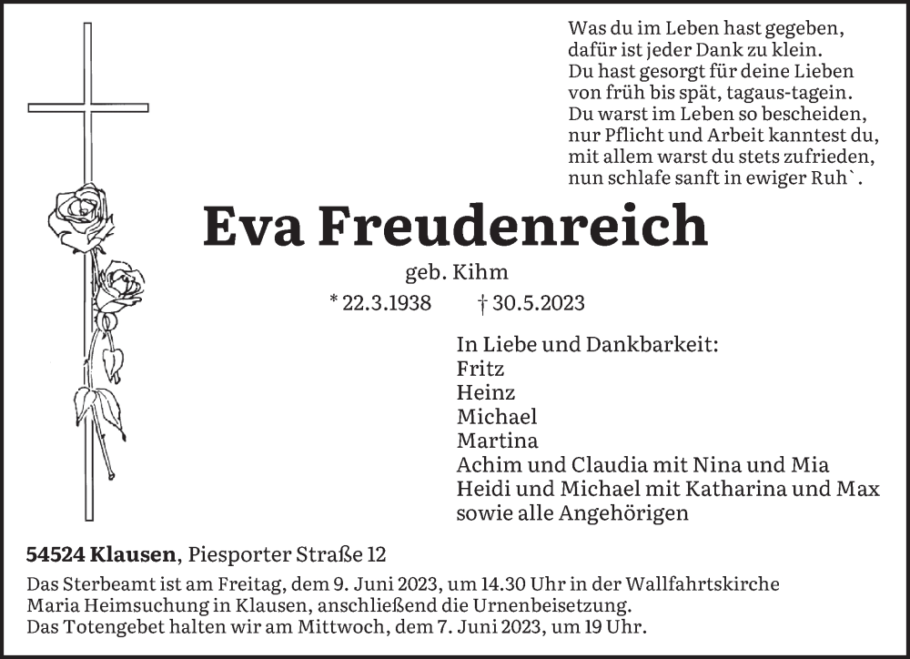 Traueranzeigen Von Eva Freudenreich Volksfreund Trauer De