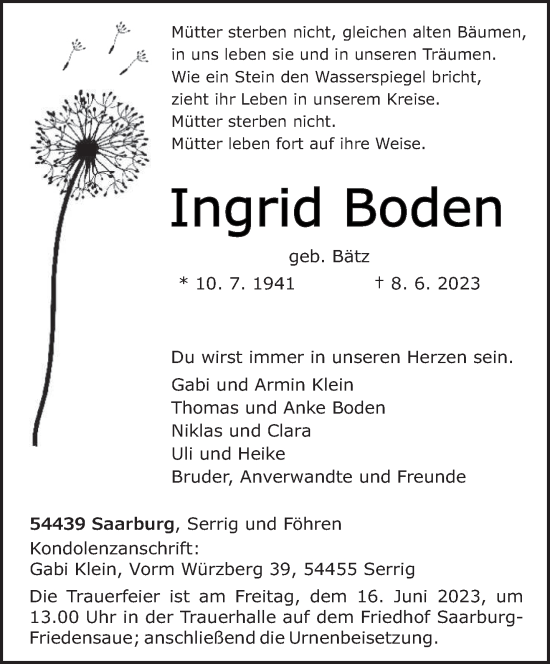 Traueranzeigen Von Ingrid Boden Volksfreund Trauer De