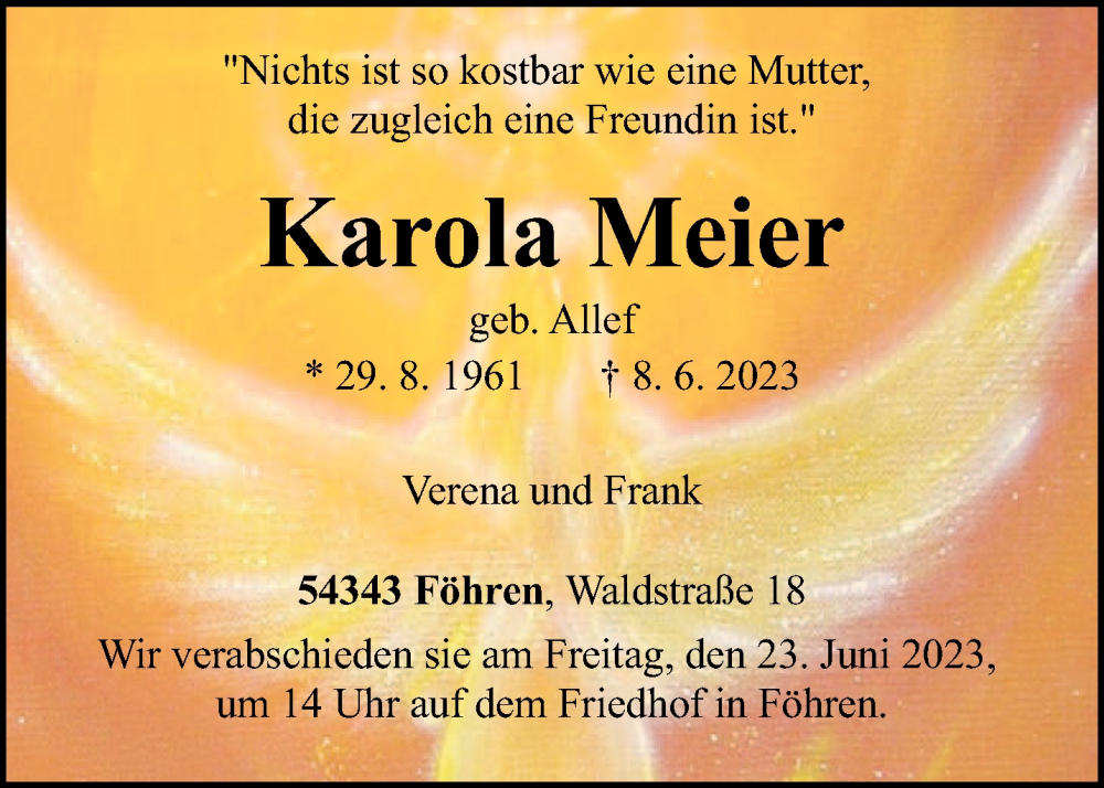 Traueranzeigen Von Karola Meier Volksfreund Trauer De