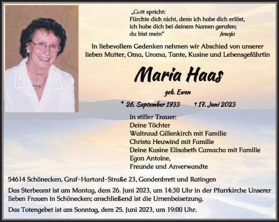 Traueranzeigen Von Maria Haas Volksfreund Trauer De