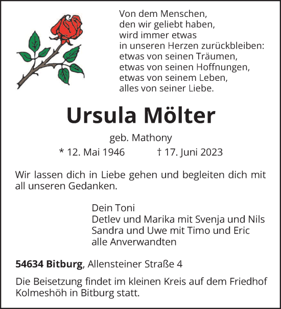 Traueranzeigen von Ursula Mölter Volksfreund Trauer de