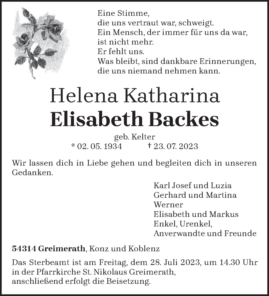 Traueranzeigen Von Helena Katharina Elisabeth Backes Volksfreund