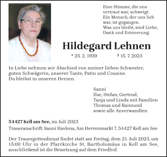 Traueranzeigen Von Hildegard Lehnen Volksfreund Trauer De