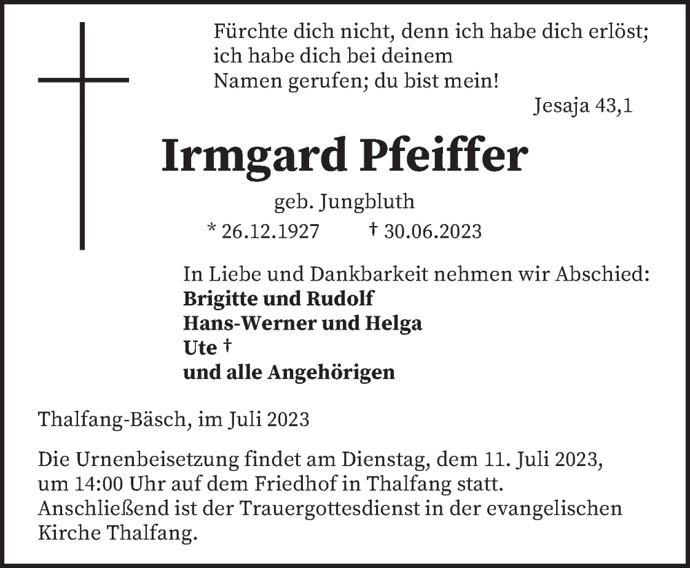 Traueranzeigen Von Irmgard Pfeiffer Volksfreund Trauer De