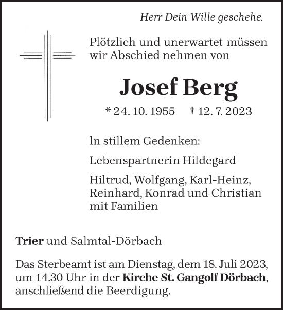 Traueranzeigen Von Josef Berg Volksfreund Trauer De