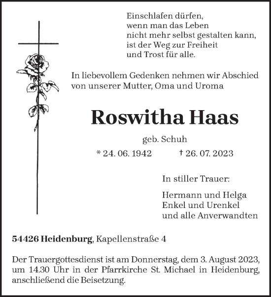 Traueranzeigen Von Roswitha Haas Volksfreund Trauer De