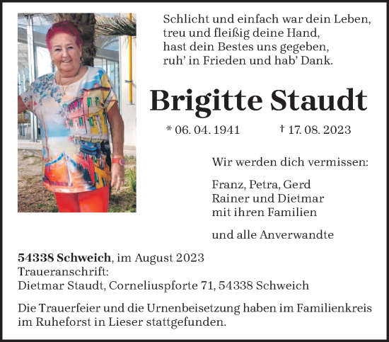 Traueranzeigen Von Brigitte Staudt Volksfreund Trauer De