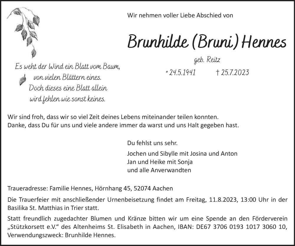 Traueranzeigen Von Brunhilde Hennes Volksfreund Trauer De