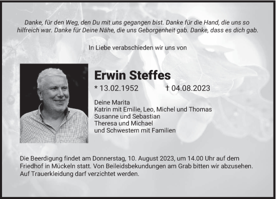 Traueranzeigen Von Erwin Steffes Volksfreund Trauer De