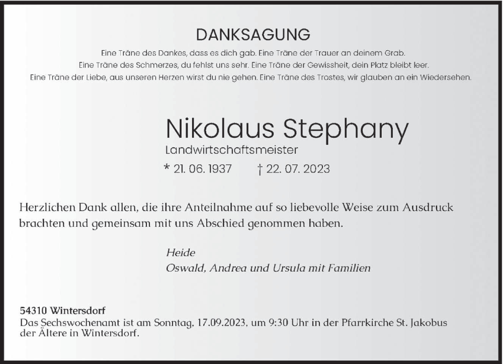 Traueranzeigen Von Nikolaus Stephany Volksfreund Trauer De