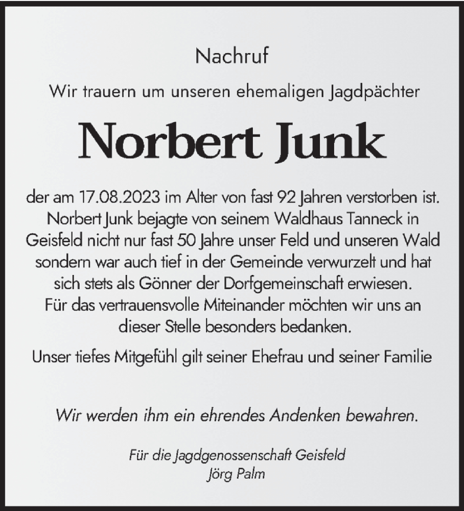 Traueranzeigen Von Norbert Junk Volksfreund Trauer De