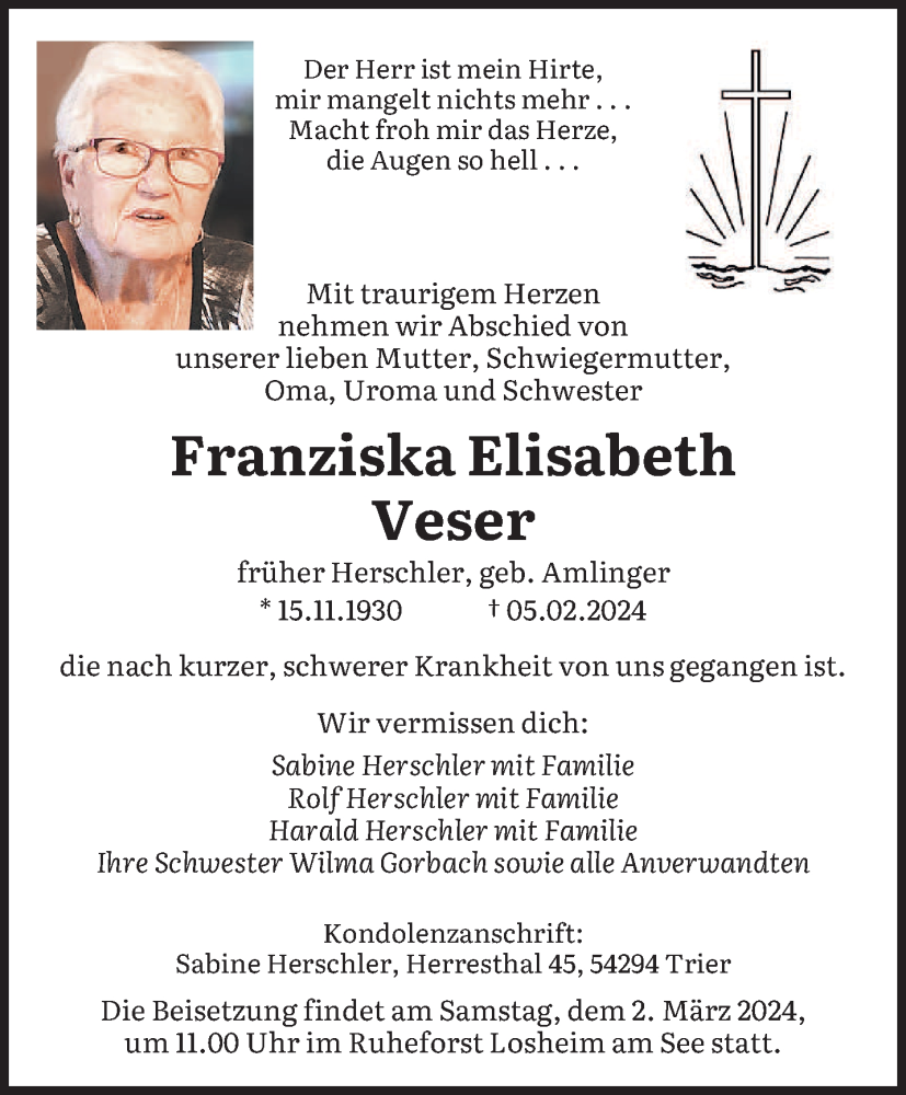 Traueranzeigen Von Franziska Elisabeth Veser Volksfreund Trauer De