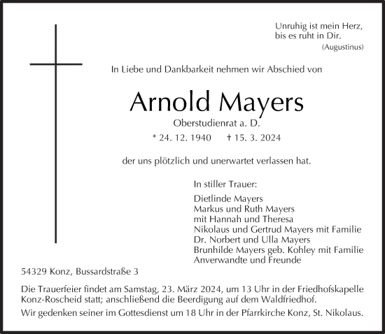 Traueranzeige von Arnold Mayers von trierischer_volksfreund