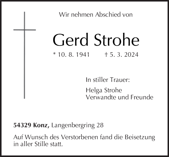 Traueranzeige von Gerd Strohe von trierischer_volksfreund