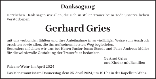 Traueranzeige von Gerhard Gries von trierischer_volksfreund