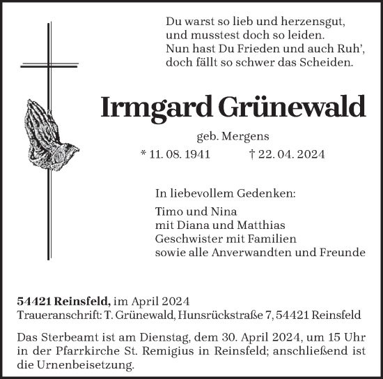 Traueranzeige von Irmgard Grünewald von trierischer_volksfreund