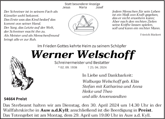 Traueranzeige von Werner Welschoff von trierischer_volksfreund