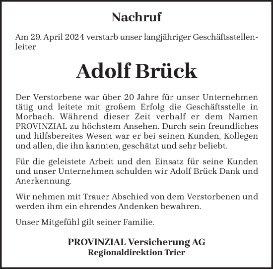 Traueranzeige von Adolf Brück von trierischer_volksfreund