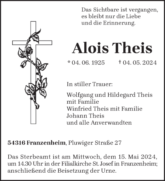 Traueranzeige von Alois Theis von trierischer_volksfreund