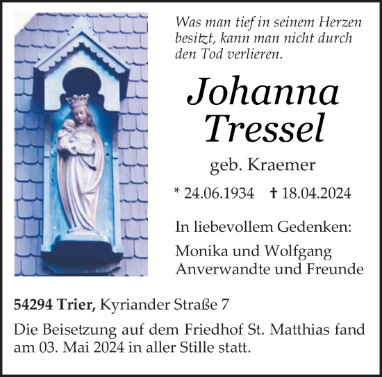 Traueranzeige von Johanna Tressel von trierischer_volksfreund